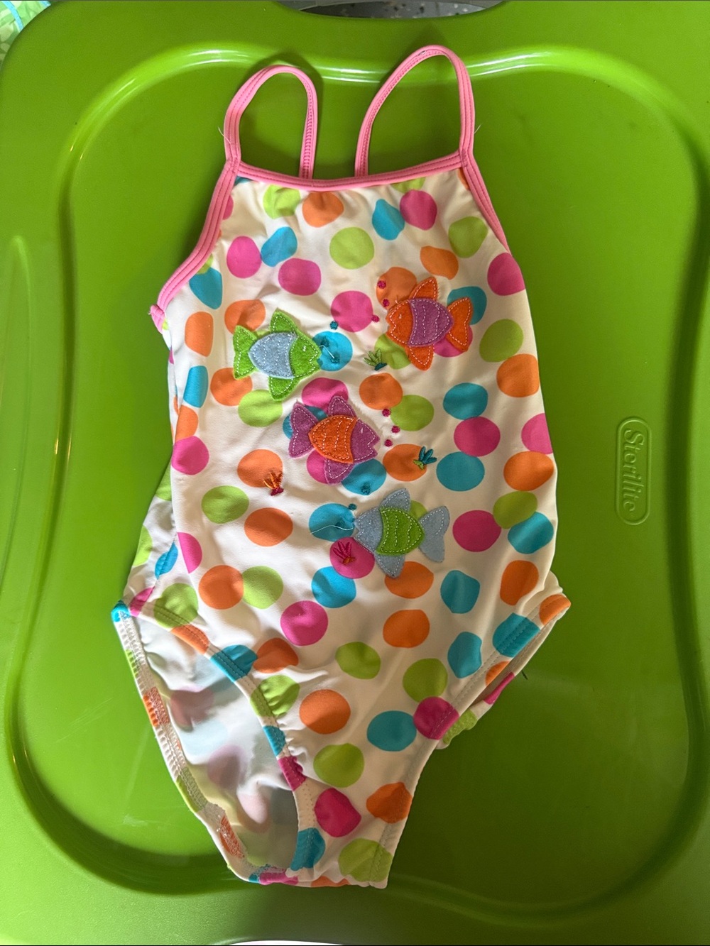 Circo Girls One-Piece Polka Dot Swimsuit with Fish Appliqués - Pink Trim